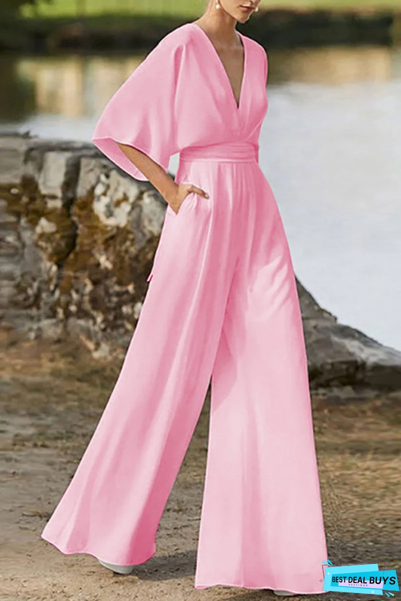 Elegant Solid Solid Color V Neck Boot Cut Jumpsuits(7 Colors)