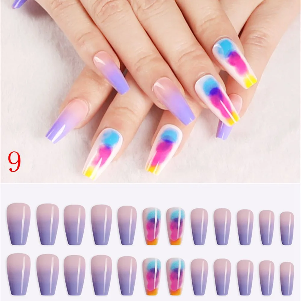 24pcs/Set Detachable Long Coffin Fake Nails European Rainbow Ballerina Full Nail Art Tips Colorful Beauty Artificial False Nails-Nail Inspo