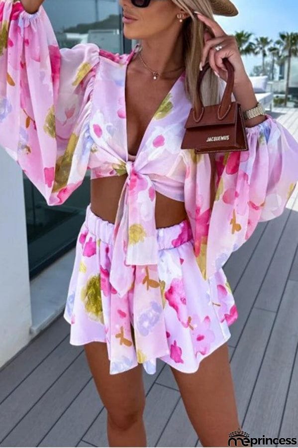 Floral Printed Balloon Sleeve V Neck Shirt Elastic Waist Straight Leg Shorts Set