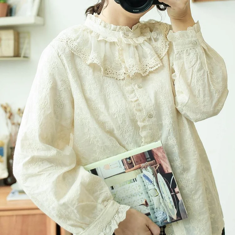 Queenfunky cottagecore style Pure Cotton Stand Lace Collar Shirt QueenFunky