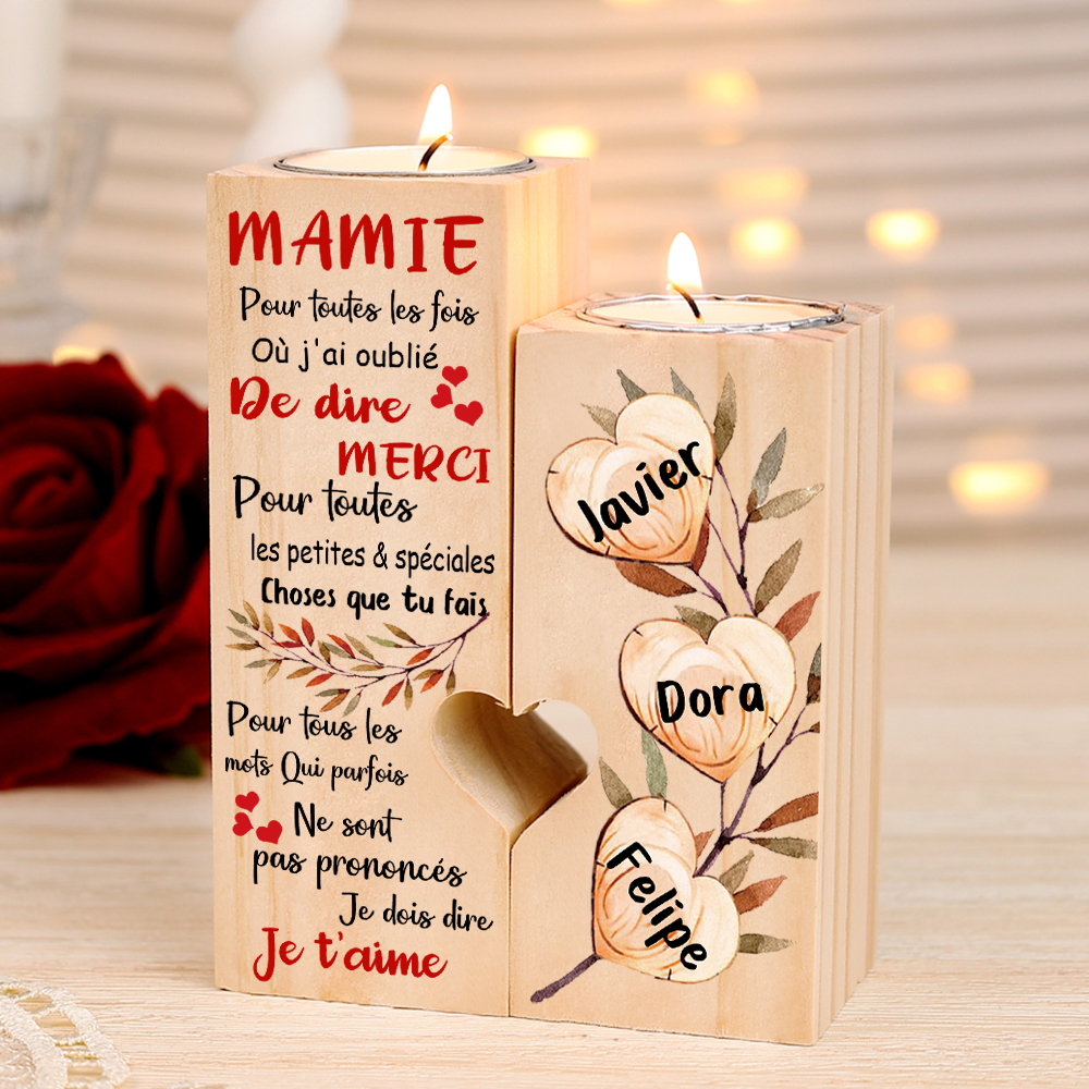 À Ma Mamie - Bougeoir en Bois 3 Prénoms Personnalisés sans bougie