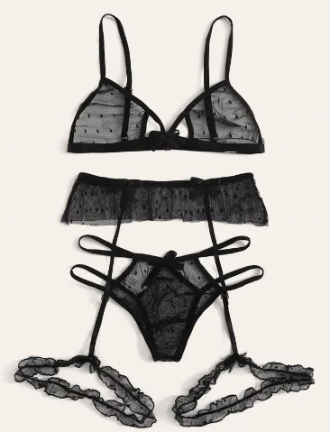 Uveng Sex Net Yarn Three-Point Set Sexy Mesh Yarn Perspective Bra Panties Garter Three-Piece Set 1500