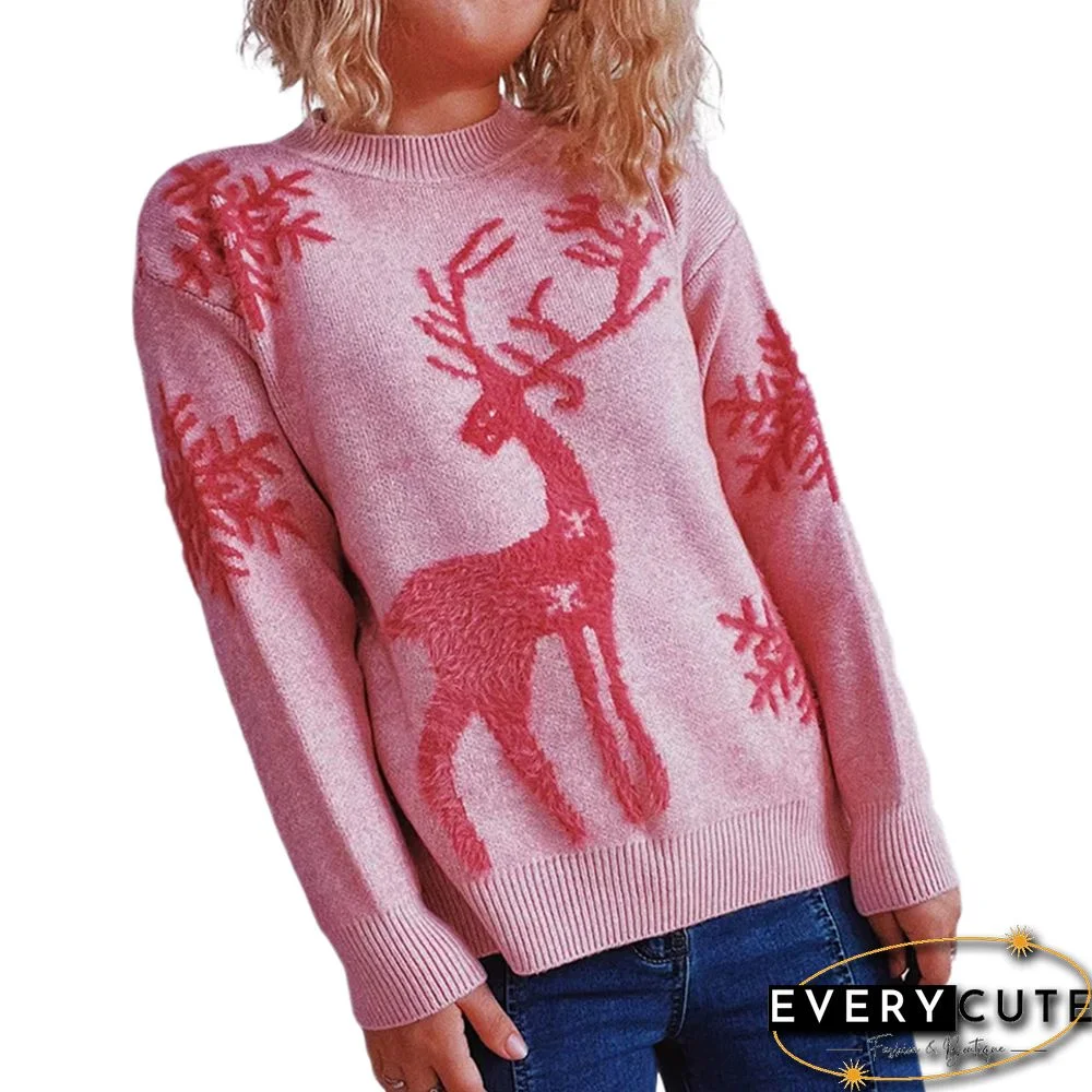 Pink Deer Snowflake Print Jacquard Knit Christmas Sweater