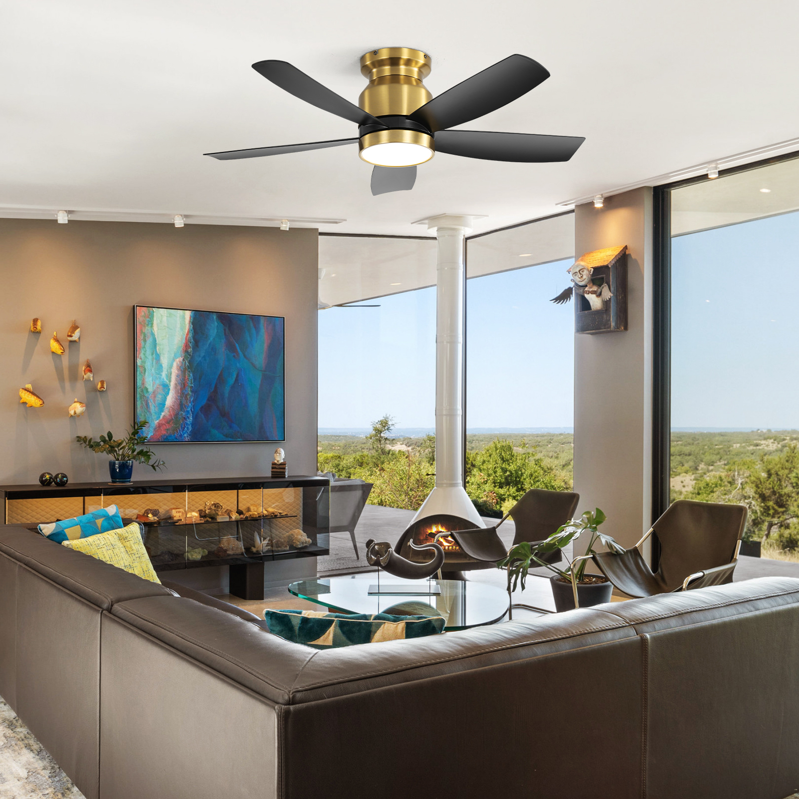 42" Ceiling Fan with Light and Remote, Flush Mount DC Motor Ceiling Fan with 5 ABS Blades, 6-Speed Reversible Airflow, 3CCT Dimmable 22W LED Light, Quiet Modern Ceiling Fan, ETL Certified for Bedroom or Living Room, Black and Gold