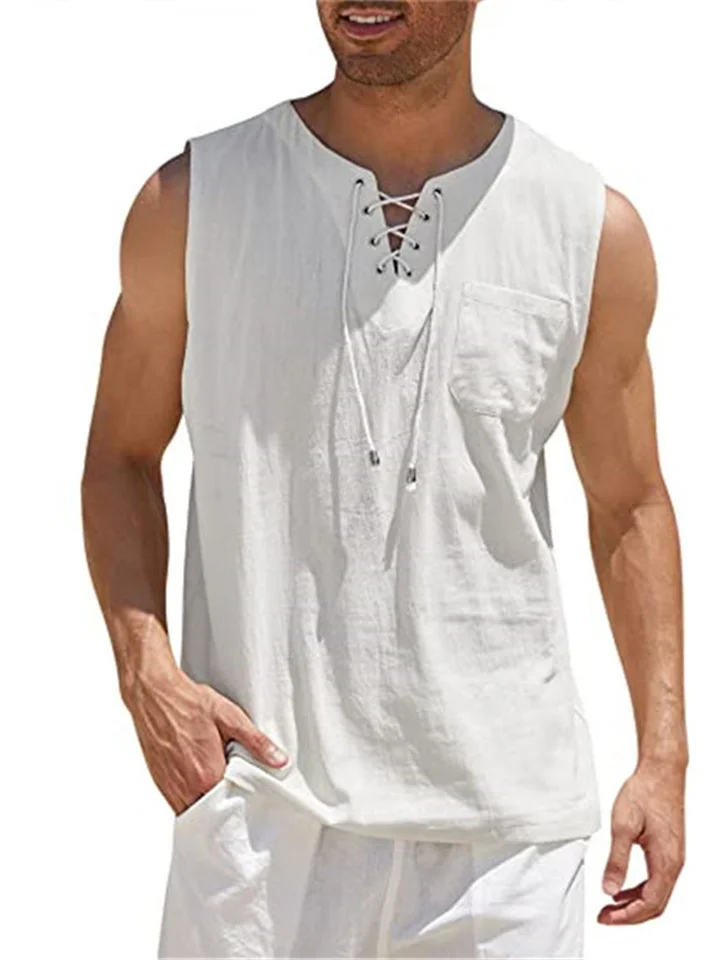 Summer New Hot Men's Slim Pocket Decorated Cotton Linen Solid Color Youth Popular Fashion Sleeveless Laced Casual Undershirt Shirt