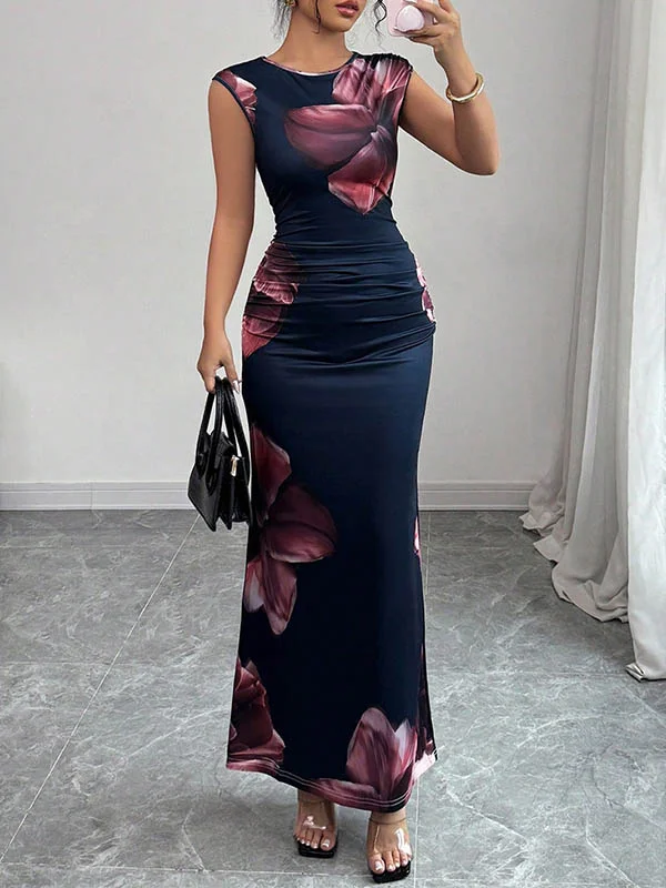 Flower Print Contrast Color Sleeveless Bodycon Round-Neck Maxi Dresses