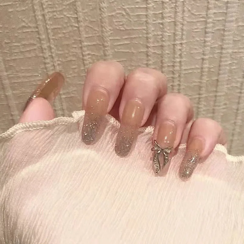 24PCS Fake Nails with Shiny Bow Diamond Design  Long Coffin Head French Style Press on Nails Wearable Full Finished Nail Patches-Nail Inspo