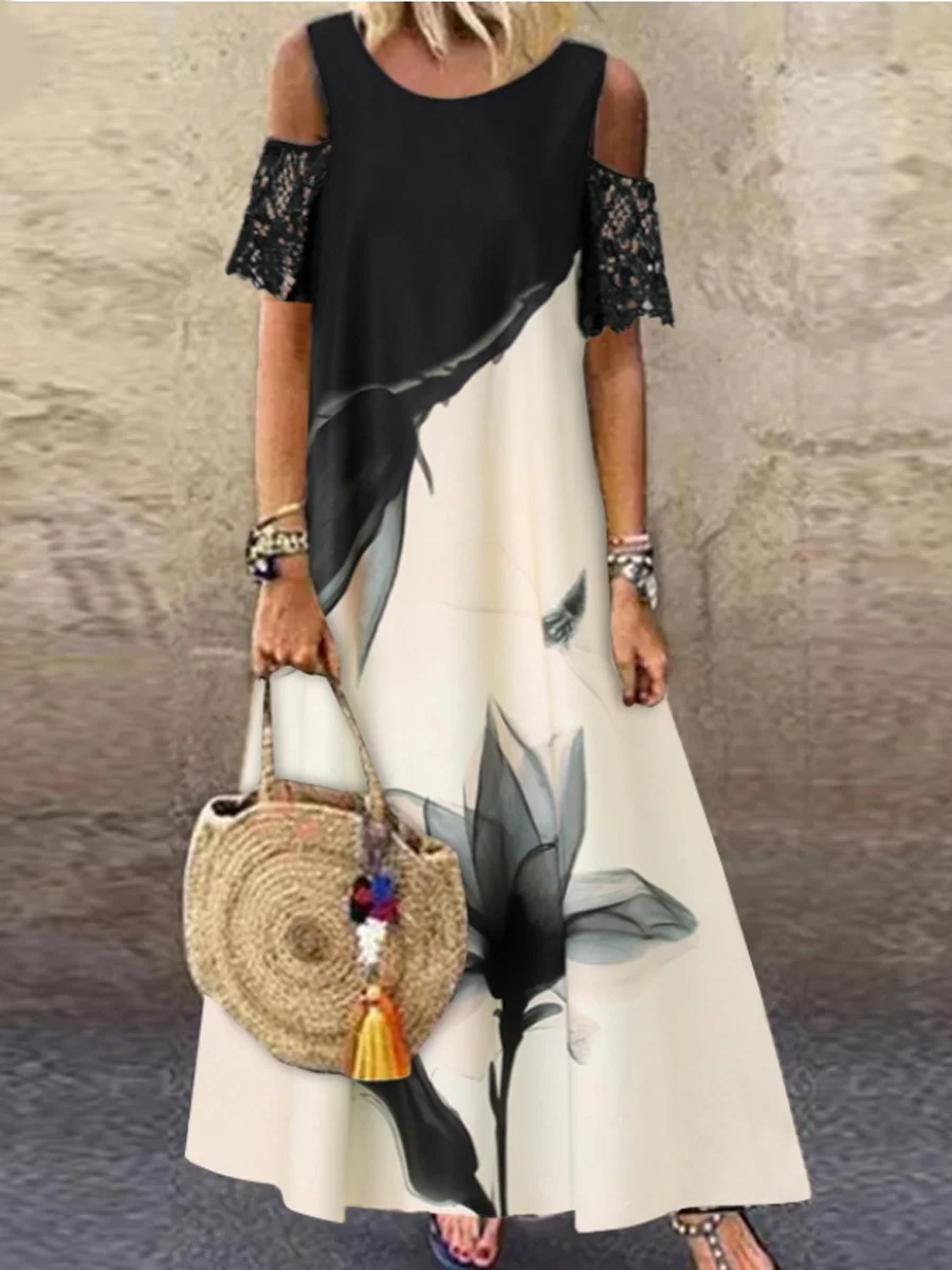 Loose Floral Print Lace Short Sleeve Dress
