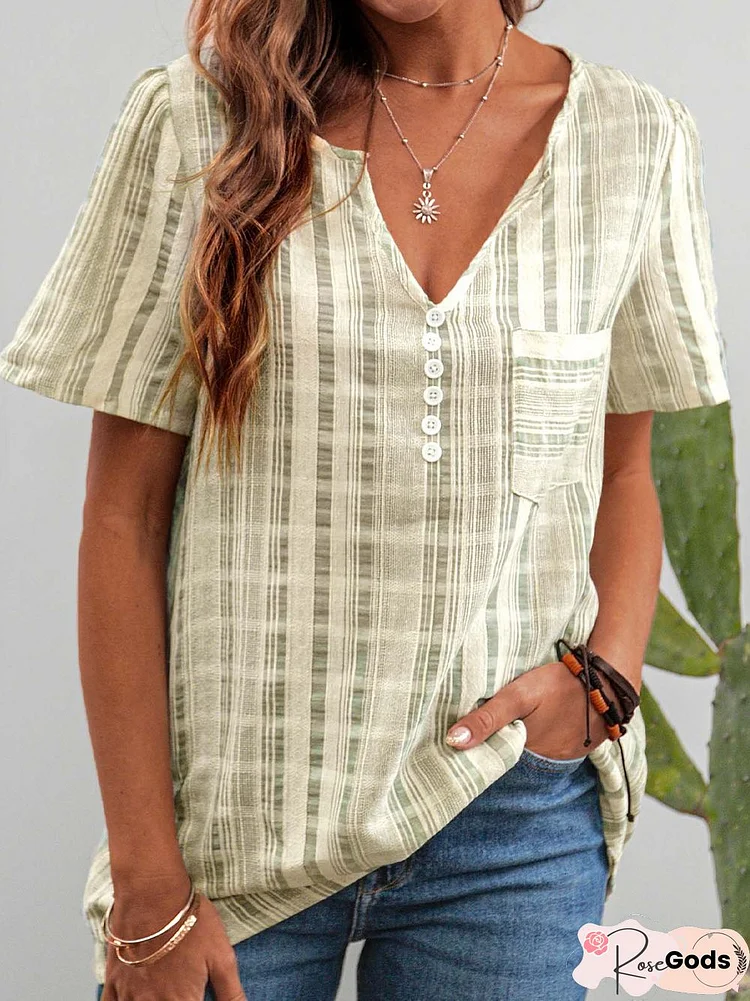 V Neck Cotton Casual Short Sleeve Tops