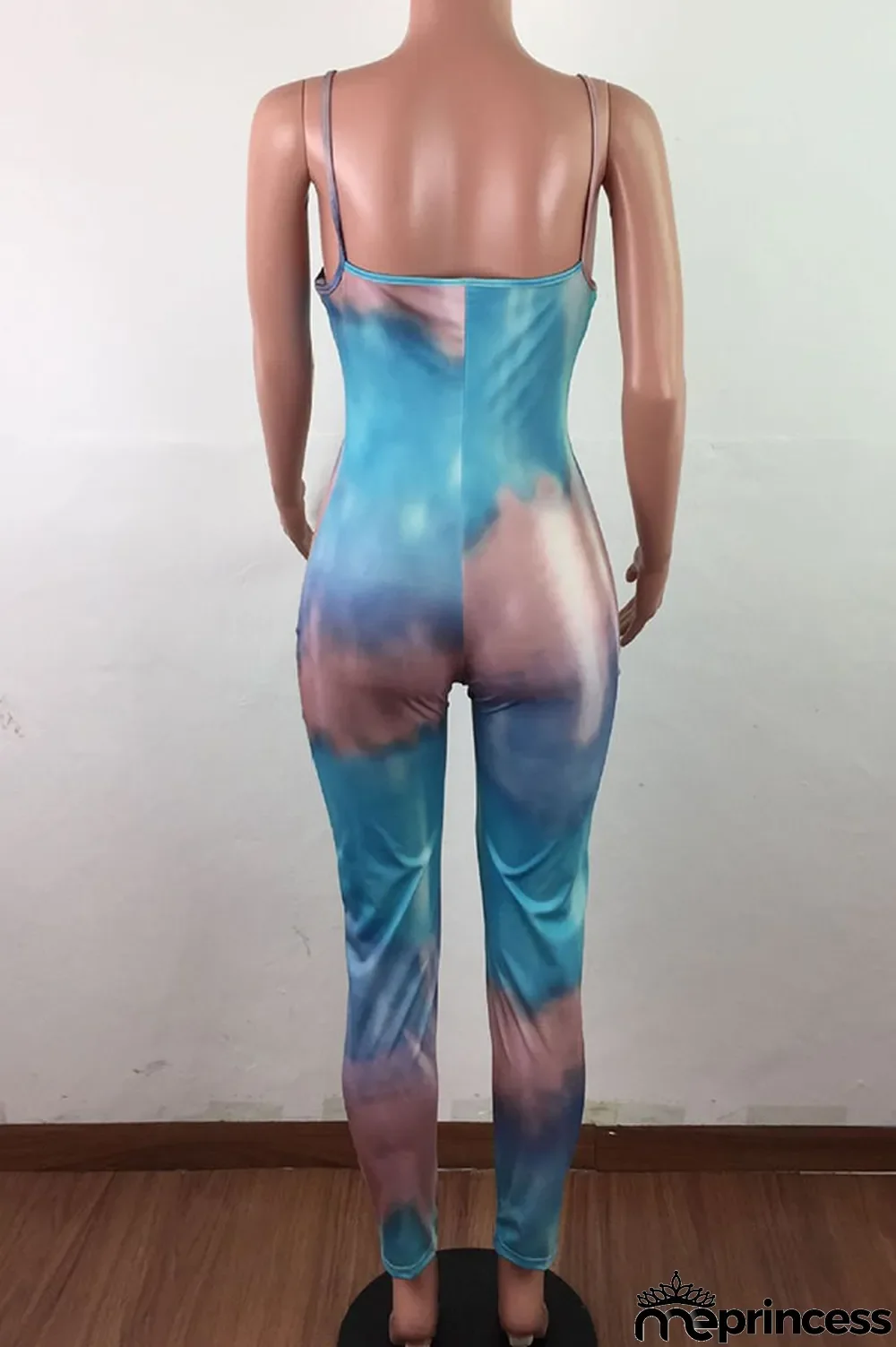 Blue Fashion Sexy Tie-dyed Sleeveless Slip Jumpsuits