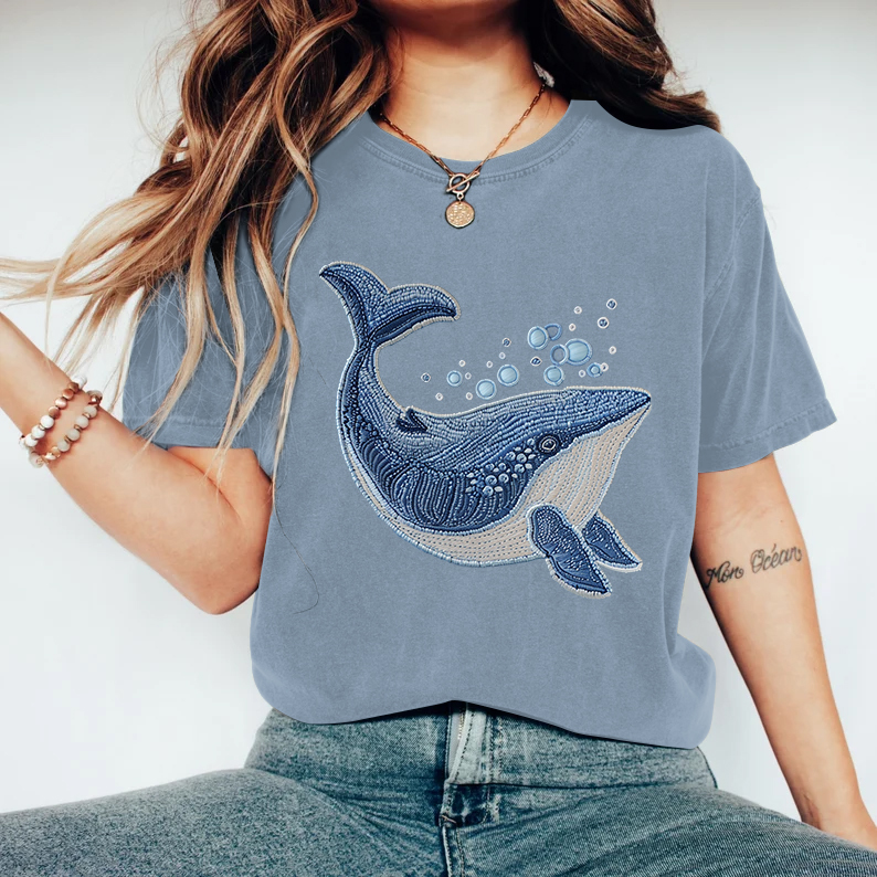 Comstylish Vintage Whale Embroidered Crew Neck T-Shirt