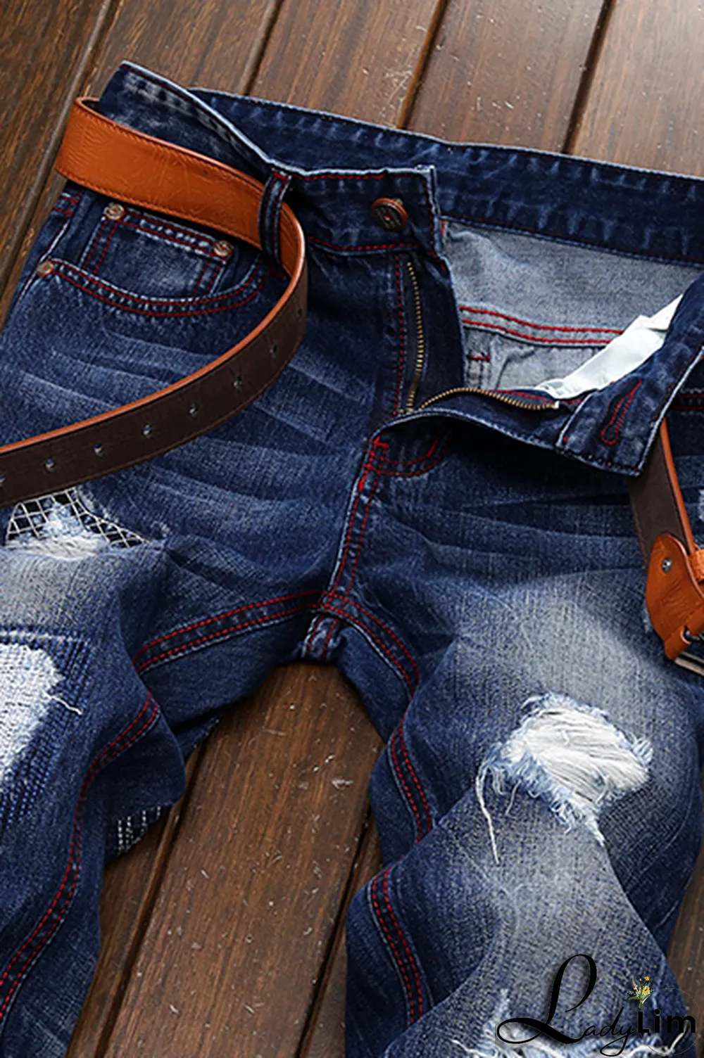 Blue Street Patchwork Tassel Ripped Make Old Bottoms