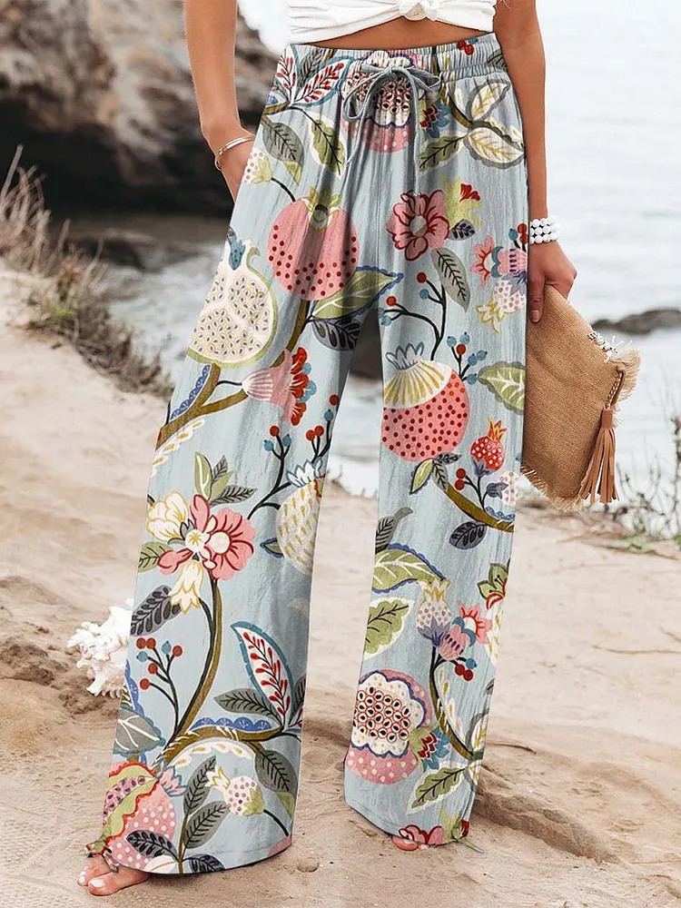 Women's Lovely Floral Art Printed Cotton And Linen Casual Pants