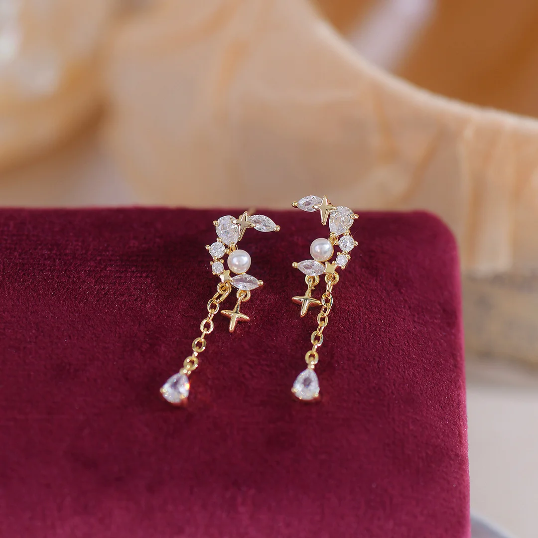 Moon & Star Crystal Tassel Earrings