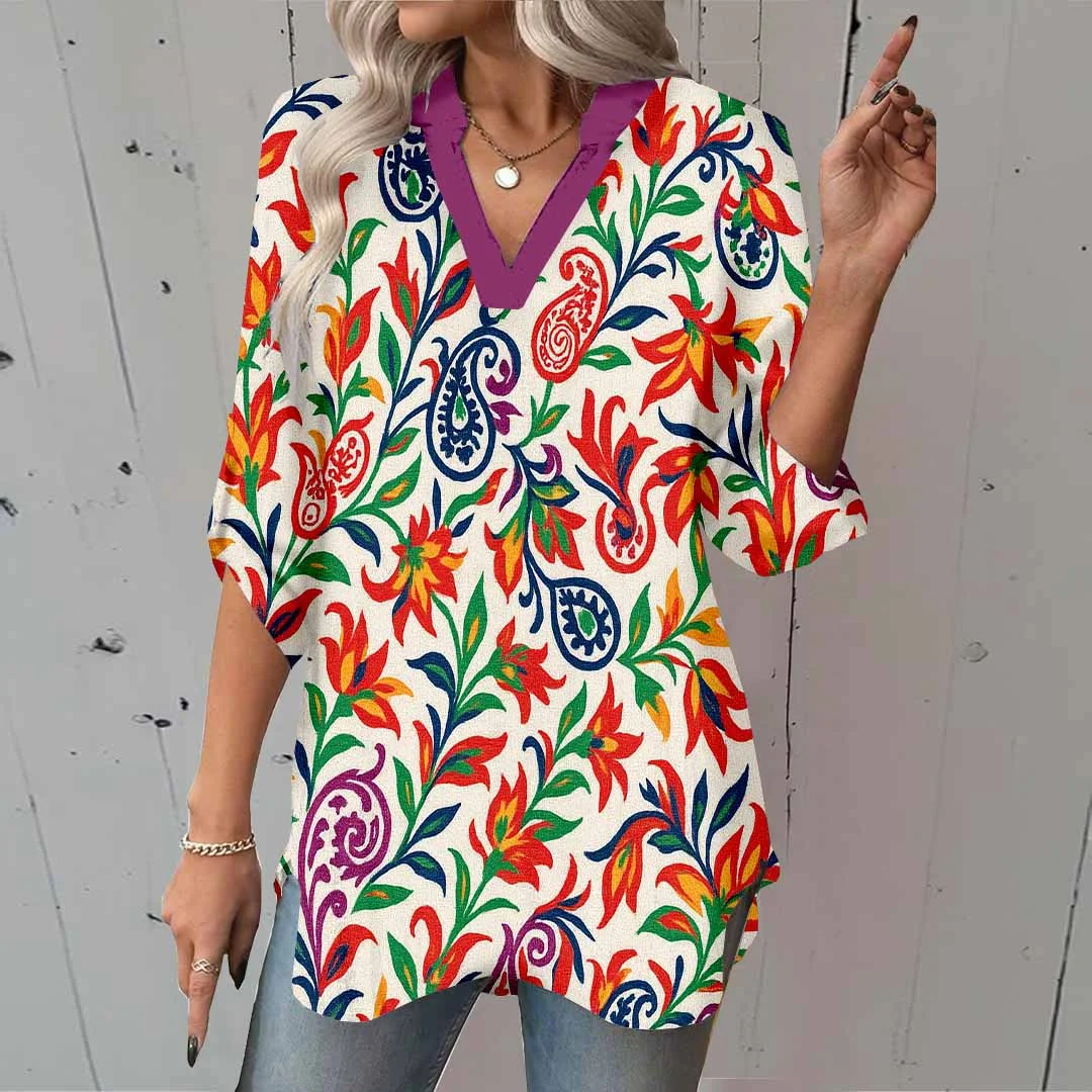 Women Floral, Green, Orange DZGA0082 3/4 Sleeve V-neck Printed Graphic Button Tops