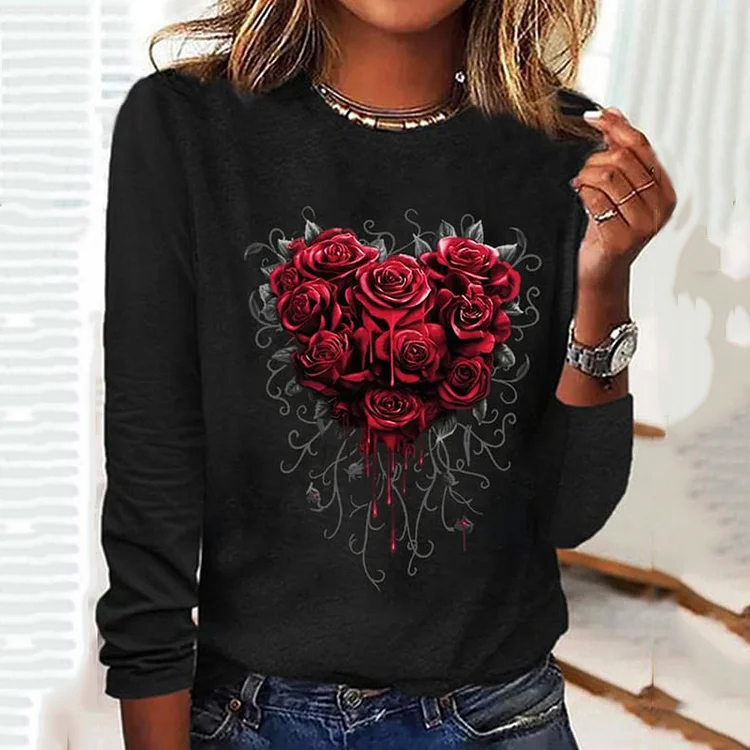 Valentine'S Day Rose Heart Print T-Shirt