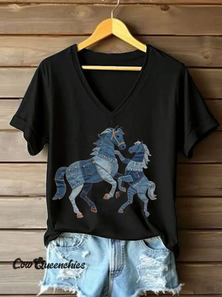 Women&rsquo;s Horse Art Print V-neck Casual T-Shirt Multicolor / S