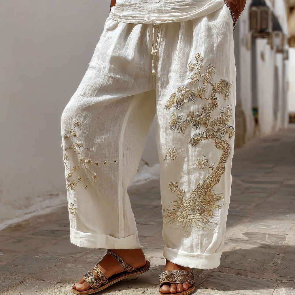 Men's Japanese Pine And Cherry Blossom Casual Linen Pants  artssus