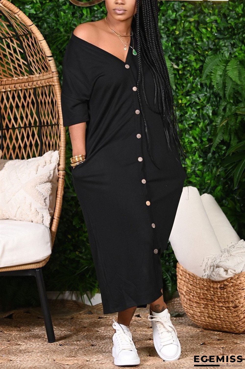 Black Casual Spandex Patchwork Solid Patchwork Buckle Basic V Neck Short Sleeve Ankle Length A Line Dresses | EGEMISS