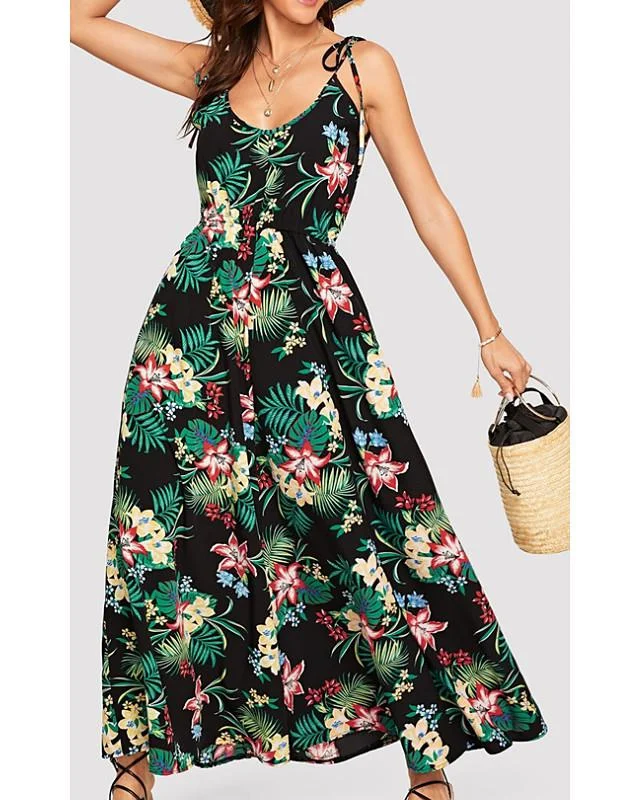 Women's Strap Dress Maxi Long Dress Sleeveless Floral Print Spring Summer Casual Green Black Dresses