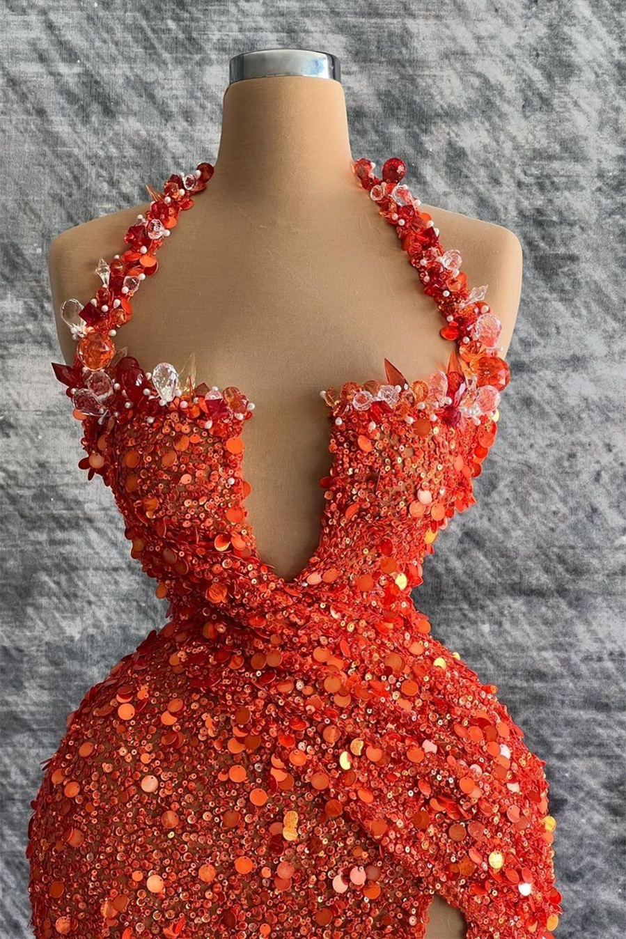 Daisda Red Halter Deep V-Neck Mermaid Sequins Evening Dress With Rhinestone Slit