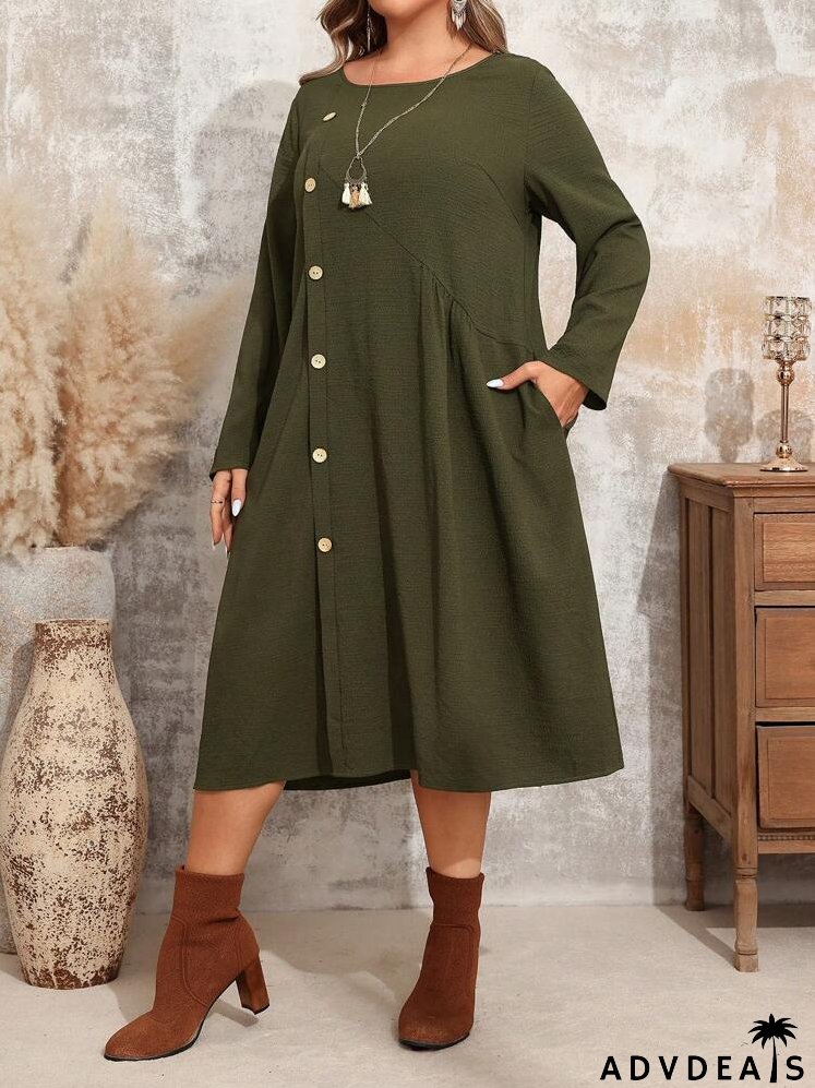Plus Size Women's Spring & Summer Solid Color Round Neck Long Sleeve Single-Breasted Pocket Casual Loose Dress