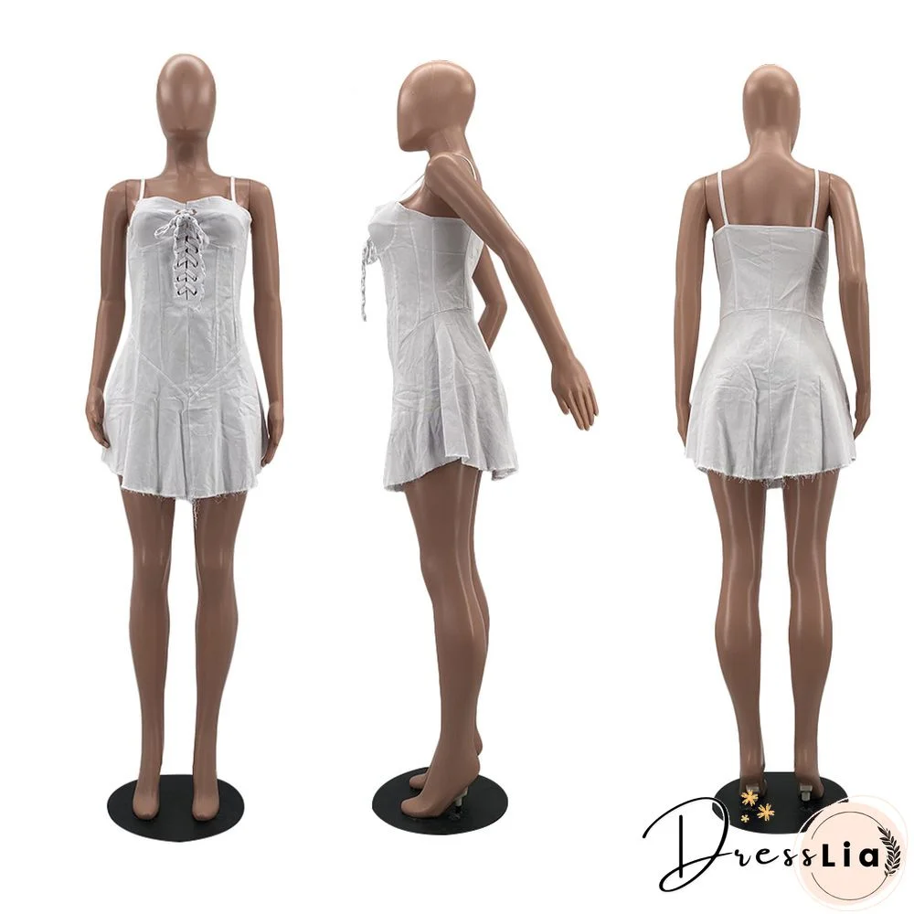 Women Sexy Solid Color Spaghetti Straps Eyelet Lace-Up Slim Fit Clubwear Denim A-Line Mini Dress