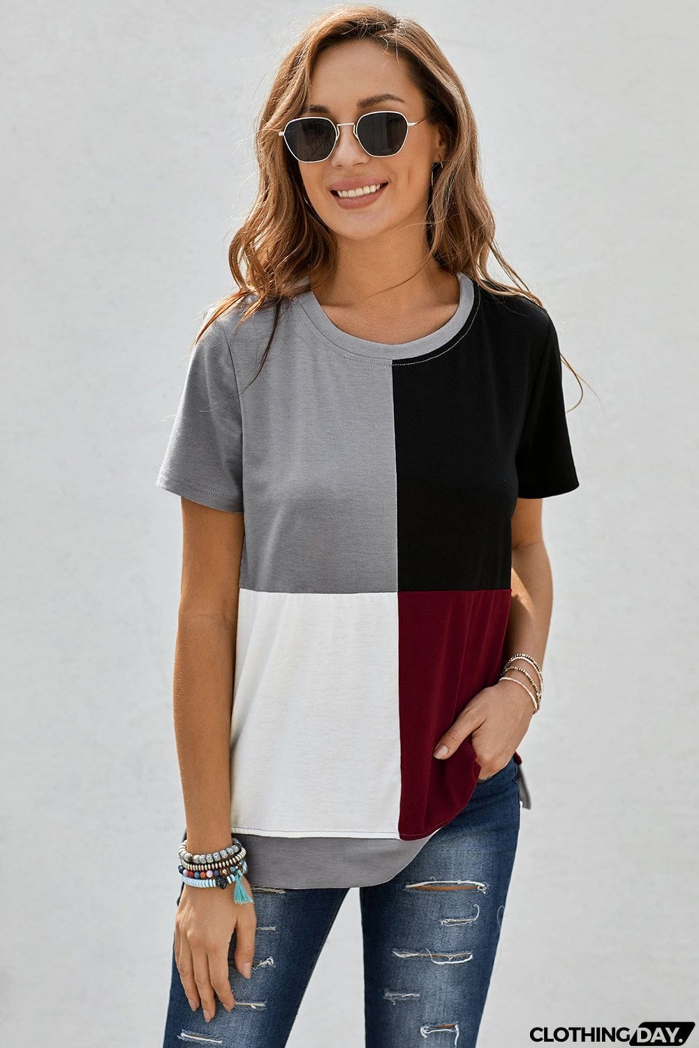 Women's Casual Wine Red Colorblock T-shirt with Slits