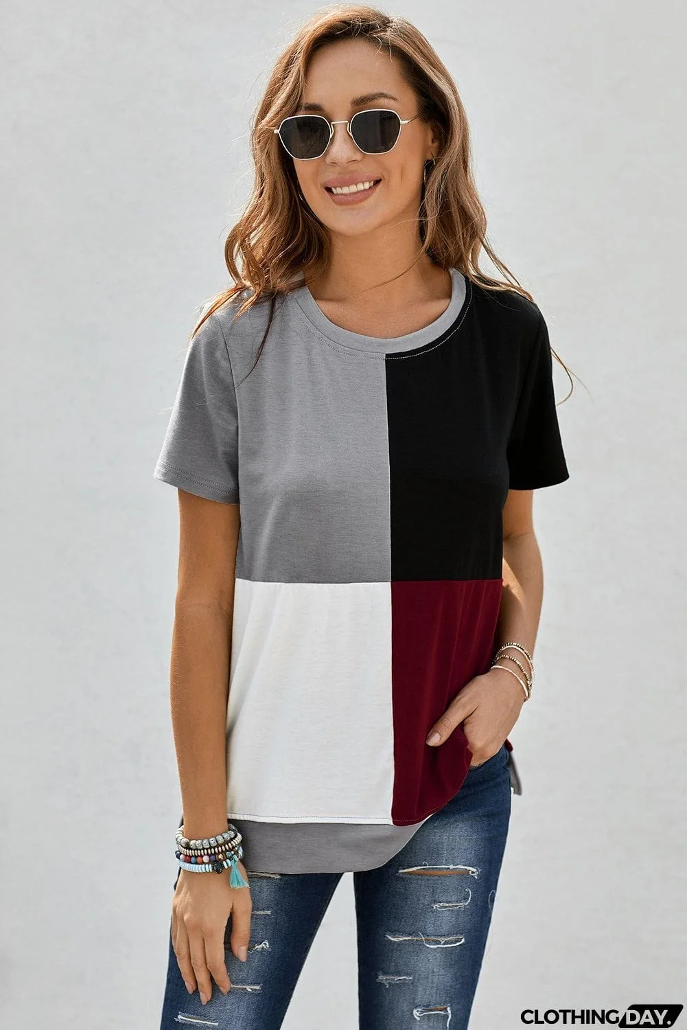Women's Casual Wine Red Colorblock T-shirt with Slits