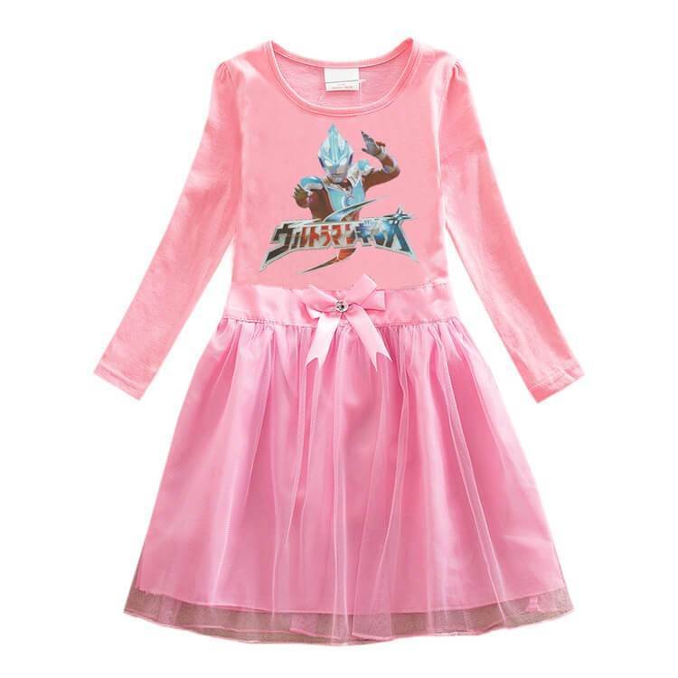 Ultraman Ginga Print Girls Long Sleeve Cotton Bows Waist Tulle Dress-Mayoulove