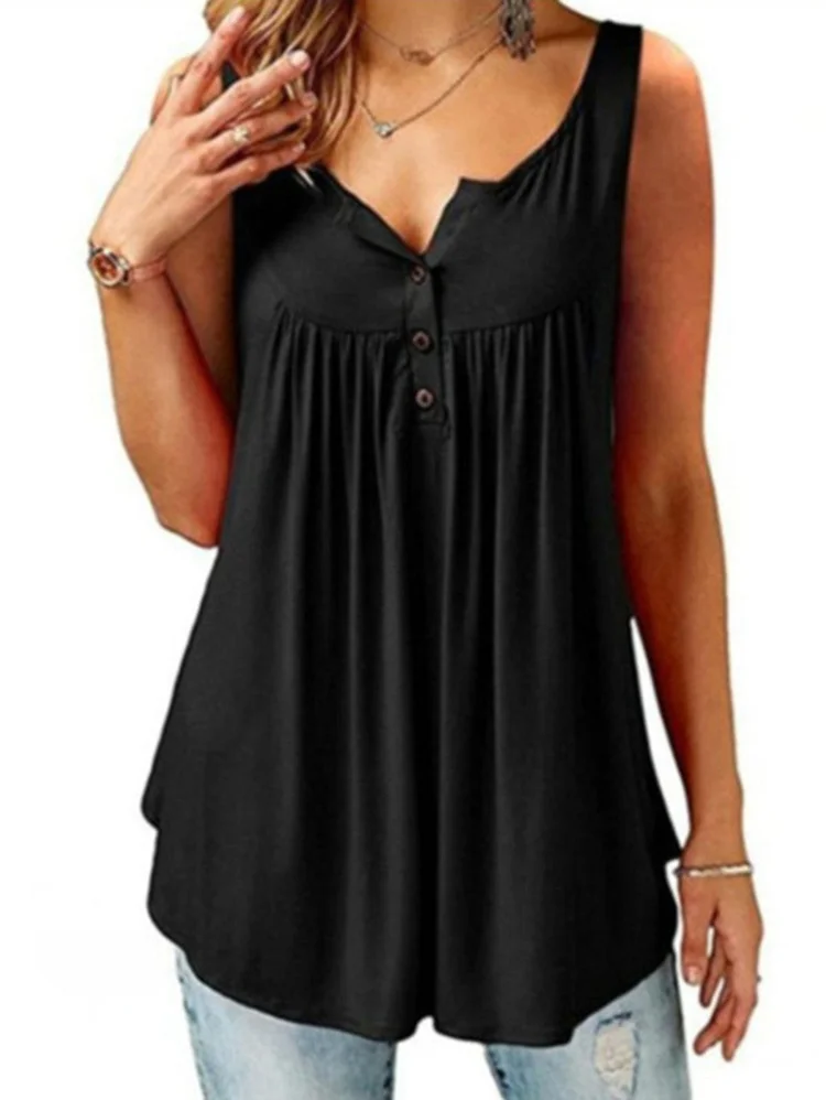 Casual Plain Round Neck Button Shirred Tank Top