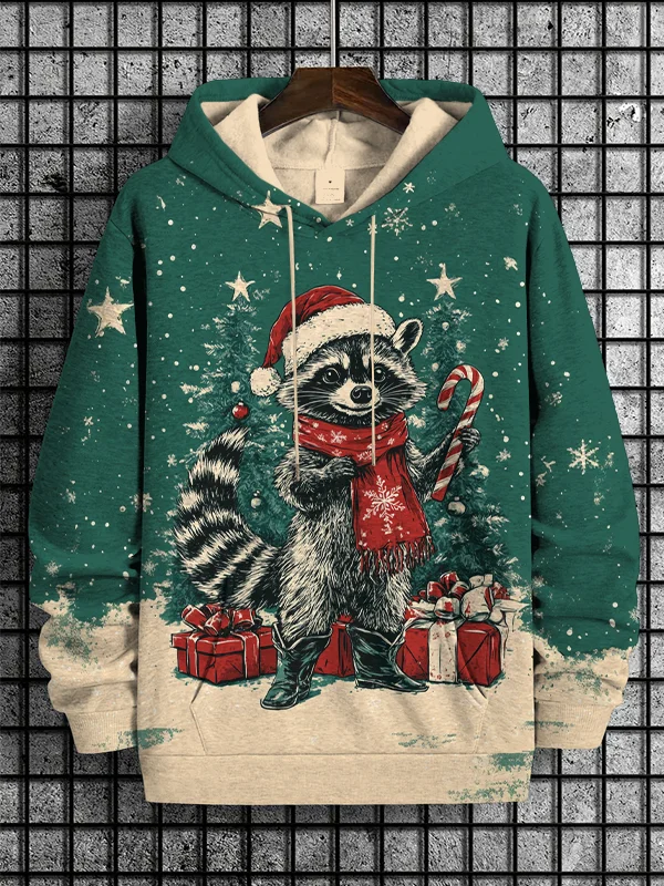 Men's Christmas Cowboy Raccoon Print Casual Hoodie