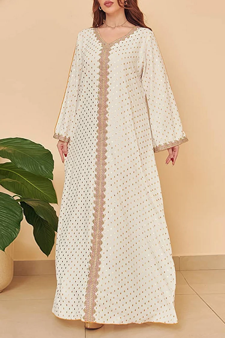 V Neck Long Sleeve Bronzing Print Loose-Fit Abaya Maxi Dresses