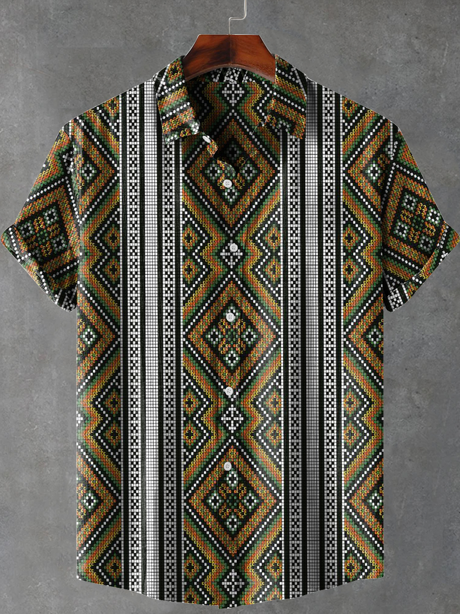Africa Tribal Ethnic Stripes Art Print Casual 100% Cotton Shirt