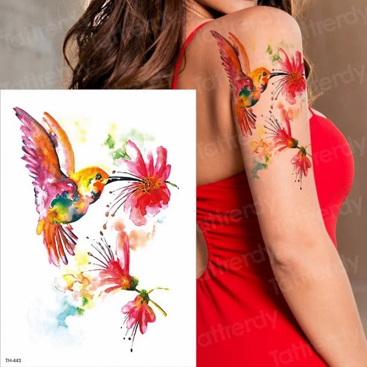 Watercolor Hummingbird Temporary Fake Tattoo Body Art Sticker Waterproof Hand Bird Tattoo for Women Arm Men Tattoos Water Color