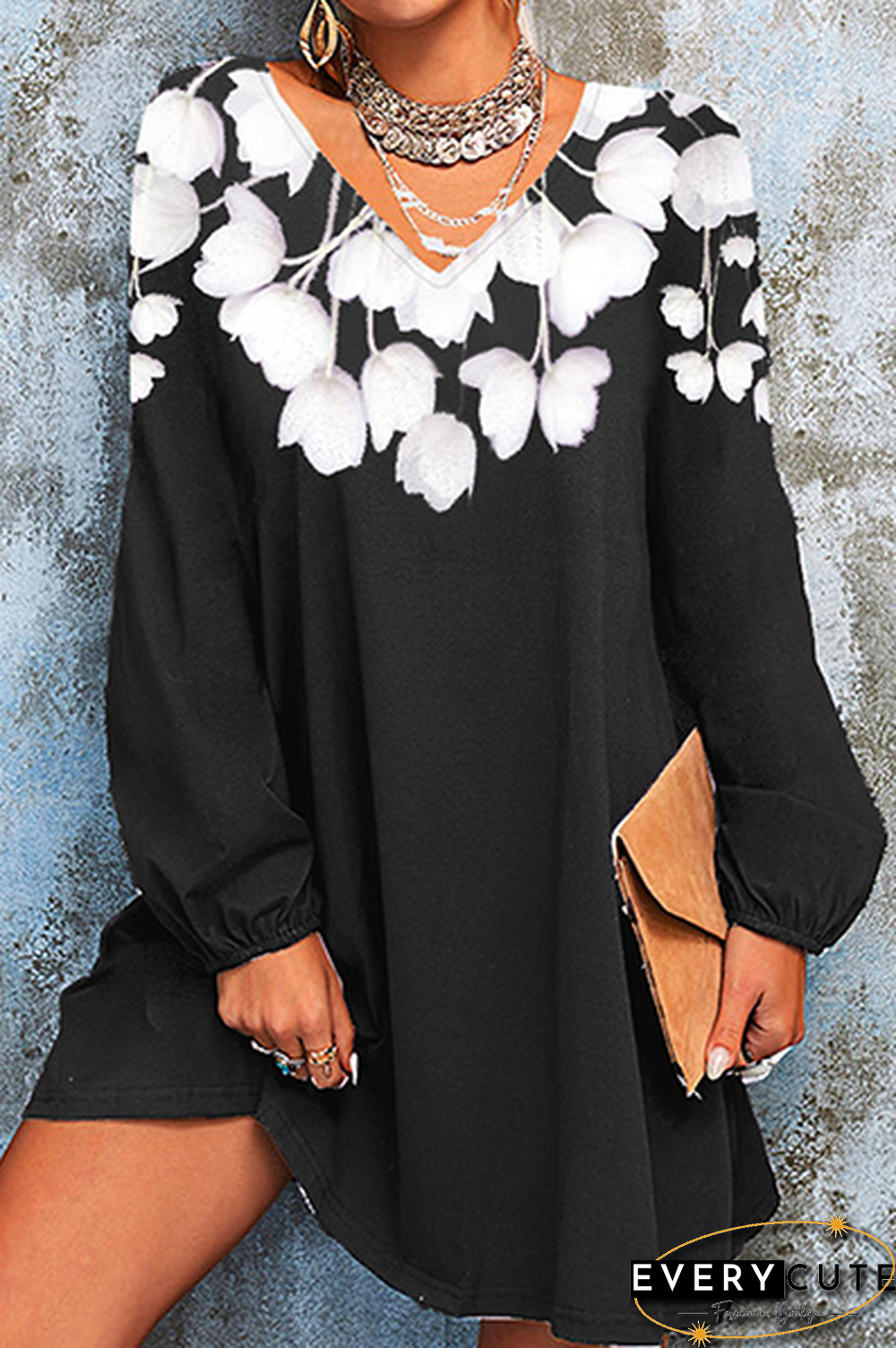 Casual Floral Split Joint  Contrast V Neck A Line Dresses