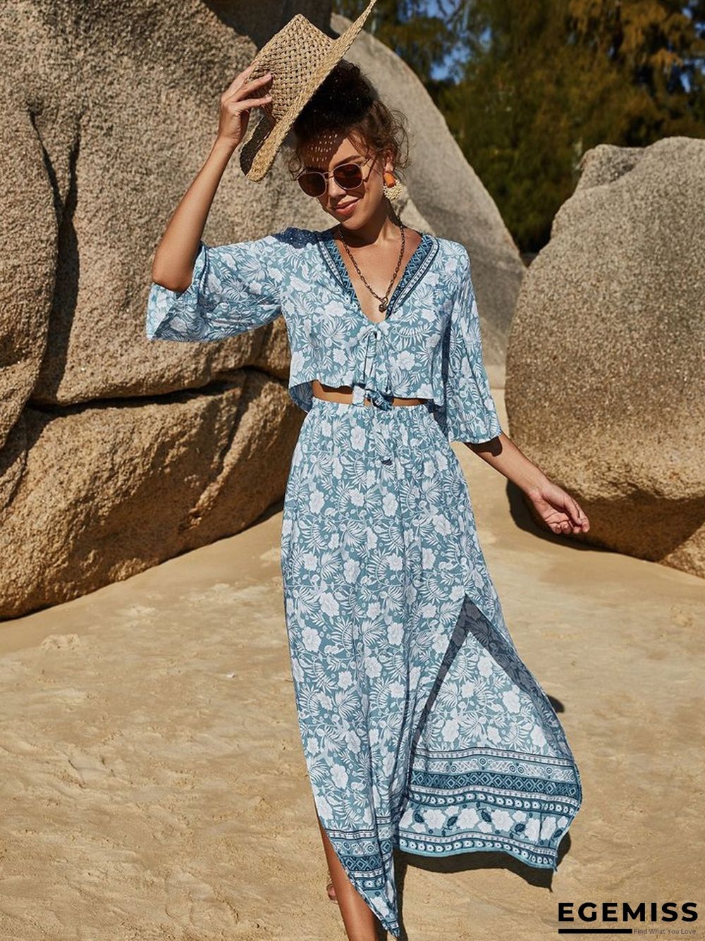 Bohemian Skirt Printed Long Skirt V-neck Sexy Two Piece Set | EGEMISS