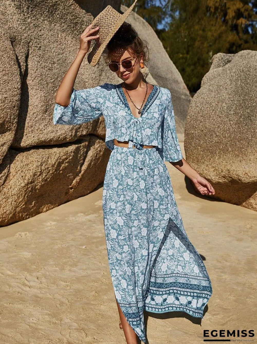 Bohemian Skirt Printed Long Skirt V-neck Sexy Two Piece Set | EGEMISS