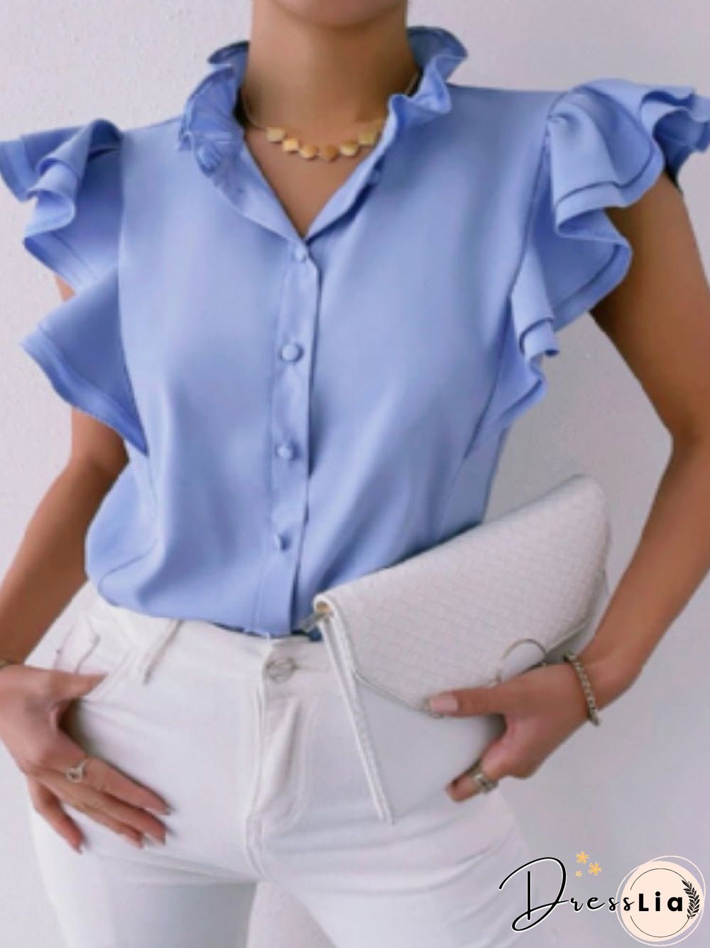 Women'S Blouses Solid Stand Collar Button Ruffle Blouse