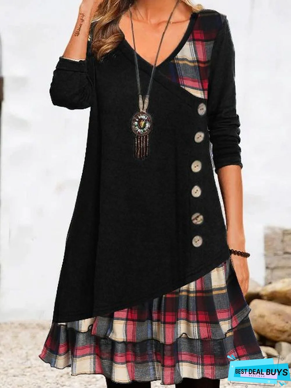 Women Geometric Casual Autumn V neck Natural Loose Midi A-Line Regular Dress