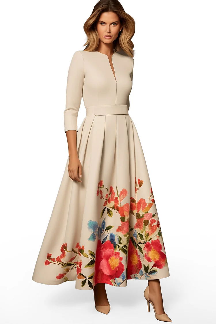 Zaruci Everyday Beige Floral Print 3/4 Sleeve Maxi Dress