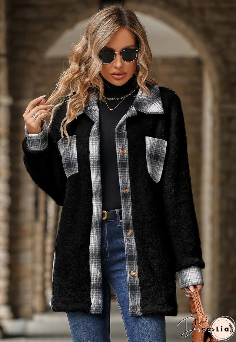 Women's Single-breasted Lapel Mid-length Plaid Plush Coats