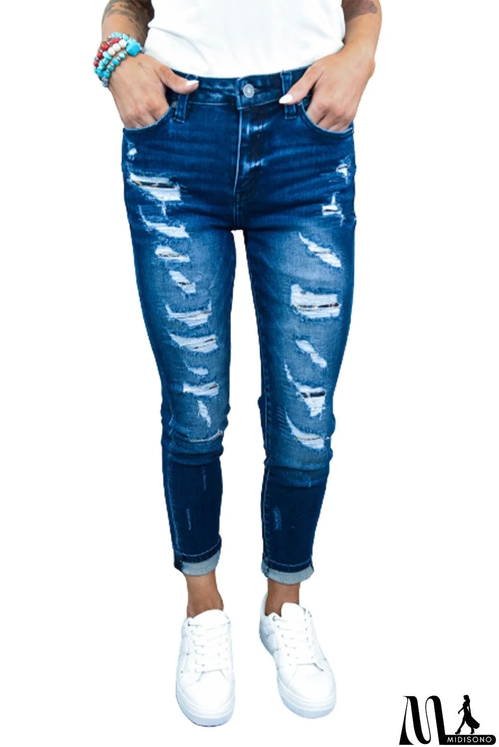 MidiSono - Mid Waist Ripped Skinny Jeans