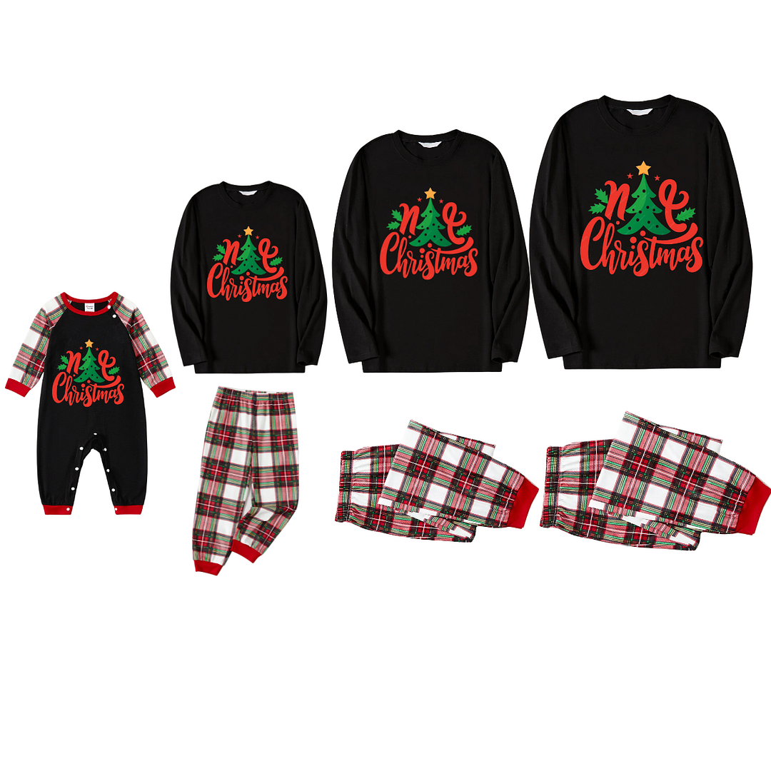 Christmas Tree with Stars and Colorful Pattern Black Top with Red & White & Green Plaid Pants Family Matching Pajama