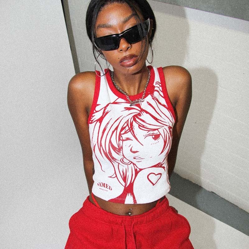 Hugcitar 2021 O-Neck Sleeveless Letter Cartoon Print Short Tshirt Summer Women Fashion Streetwear Casual Tees Y2K