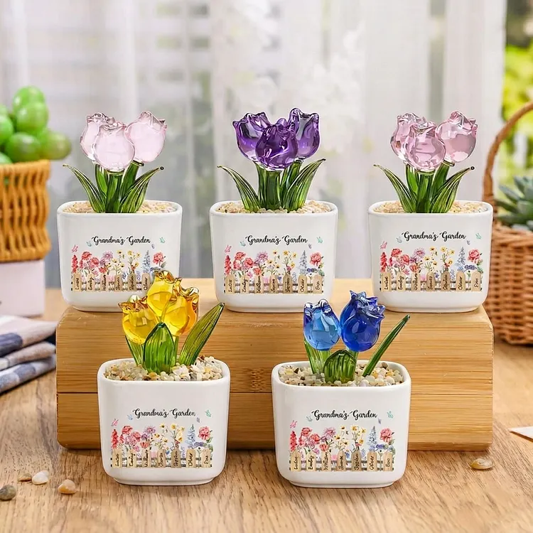Personalized Photo Glass Tulip Potted Plant Grandma's Garden Custom Flower Pot with Picture, Photo Gift for Mom, Mother&rsquo;s Day Gift, Birthday Gift for Mom