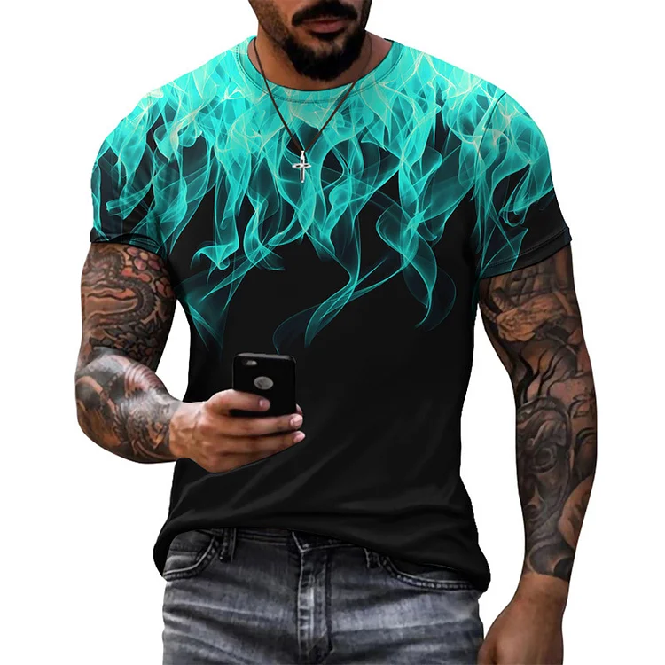 Colorful Flame Gradient Print Tops Summer Mens T-shirts at Hiphopee