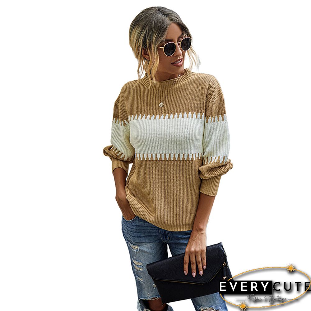 Khaki Color Block High Neck Woolen Sweater