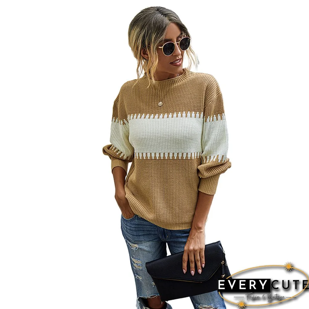 Khaki Color Block High Neck Woolen Sweater