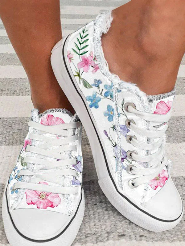 White floral canvas shoes large size shallow mouth lacing